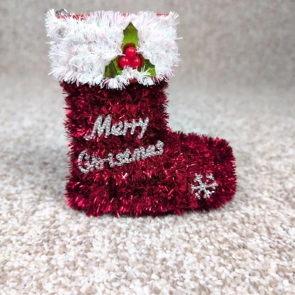 Red Tinsel Christmas‎ Stocking Merry Christmas Snowflake Ornament Decoration